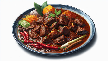 Chinese cuisine, beef stew with spices and vegetables on a white background