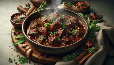 Beef Bourguignon with herbs and spices in a bowl.の写真素材