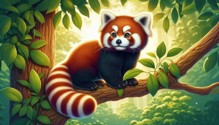 Red panda sitting on a tree branch in the forest. 3d renderの写真素材