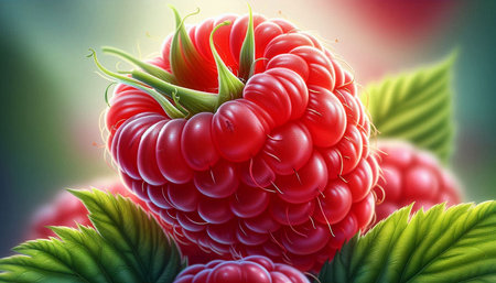 Ripe raspberry on green leaves background. 3d render illustration.の写真素材