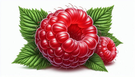 Raspberry with leaves isolated on white background. Realistic 3d raspberries vector illustration.