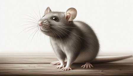 Gray rat on a wooden table on a white background. 3d rendering