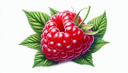 Raspberry with leaves isolated on white background. Realistic 3d vector illustration.の写真素材