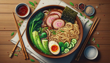 Ramen noodle soup in bowl with chopsticks and vegetables, top view