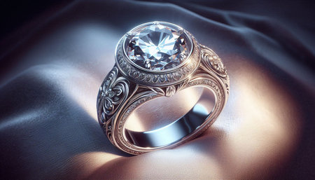 Wedding ring on a background of blue silk. 3d illustration