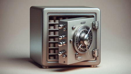 Close-up of a metal safe with a combination lock on a gray backgroundの写真素材