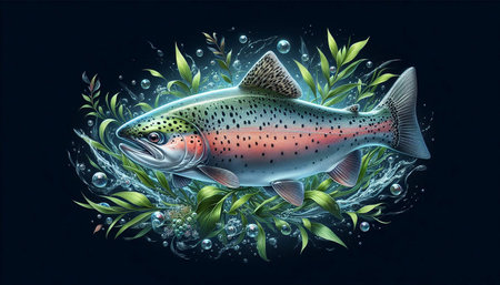 Illustration of a rainbow trout on a dark background with algae.の写真素材