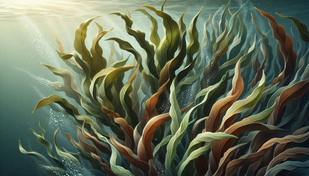 Seaweed in the sea. Underwater background. 3d illustration