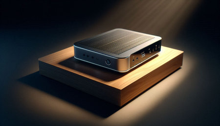 Wireless router on a wooden stand on a dark background. 3d render