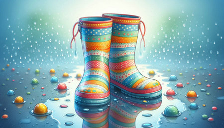 Rubber boots with raindrops on blue background. 3d illustration