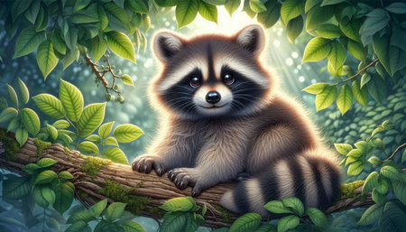 Raccoon sitting on a tree branch in the forest. 3d illustrationの写真素材