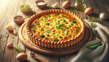 Vegetable quiche pie on a wooden background. toning. selective focus