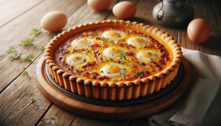 French quiche lorraine with bacon and eggs on a wooden table