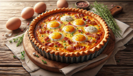Delicious homemade quiche lorraine with eggs on wooden table