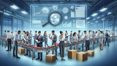 Group of business people in modern office with virtual interface. Mixed media
