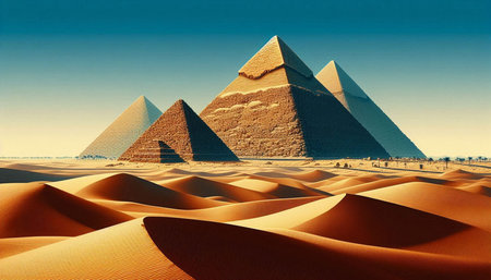 The pyramids of Giza in Egypt, Africa. Sand dunes