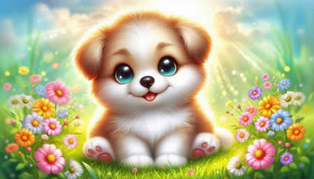 Cute puppy with blue eyes sitting in the grass with flowers.