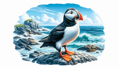Puffin on the rocks in the sea. Cartoon illustration.の写真素材