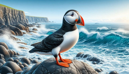 Puffin on the rock in the sea. 3d illustrationの写真素材