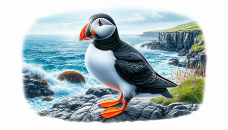 Atlantic puffin (Fratercula arctica) on the coast of Irelandの写真素材