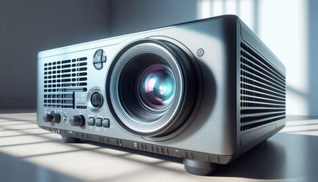 Digital composite of 3D Realistic Movie projector in room with sunlight