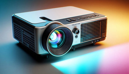 Digital projector on a colorful background. 3d rendering. Studio shot.