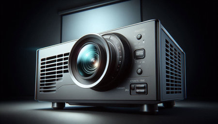 Digital composite of 3D Movie projector against black background with vignette