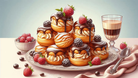 Cakes with chocolate and berries on a plate. 3d illustration