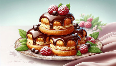 Pancakes with chocolate and fresh raspberries on a plate