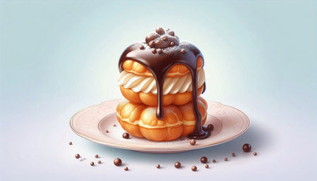 Chocolate pastry with cream and chocolate syrup on a plate