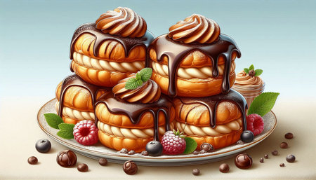 Chocolate cakes with cream and berries on a plate. 3d illustration