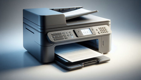 Printer on a gray background. 3d rendering. Computer digital image.