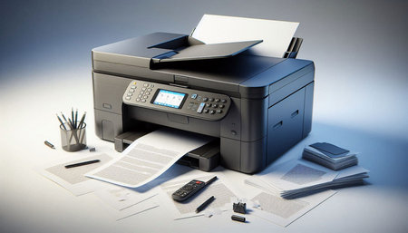 Printer with documents and stationery on a gray background. Office equipment.