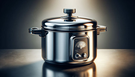 Modern stainless steel cooking pot on dark background. 3D Rendering