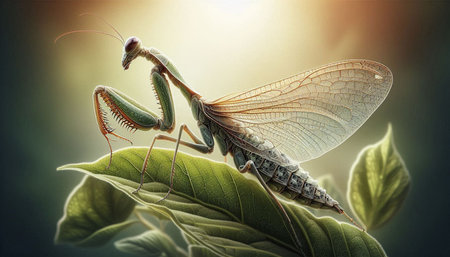 Praying mantis (Mantis religiosa) on green leaf