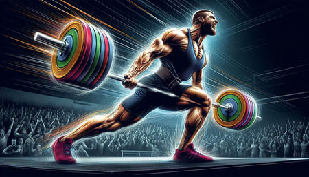 Fitness and healthy lifestyle concept as a male bodybuilder lifting a barbell in front of a crowd of...