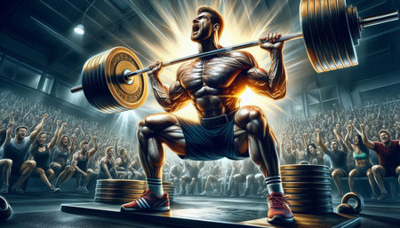 Fitness and healthy lifestyle concept as a male bodybuilder lifting a heavy barbell in front of a...