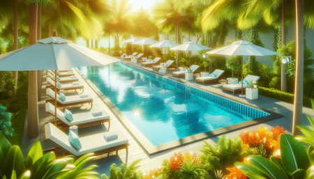 Swimming pool with sun loungers and umbrellas. 3d rendering