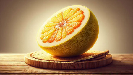Pomelo fruit on a wooden table. 3d illustration.