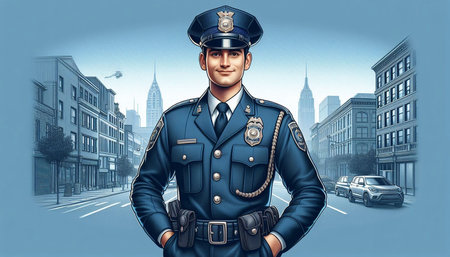 Handsome police officer standing in front of a city street.