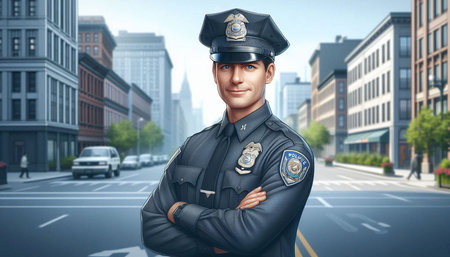 Policeman in uniform on the city street. 3d renderingの写真素材