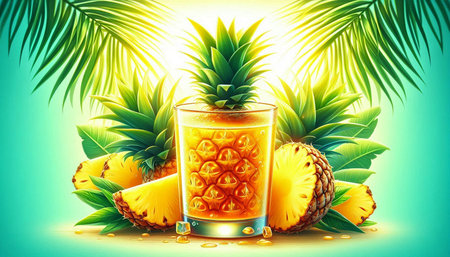 Pineapple juice with tropical fruits on a green background. Vector illustration.