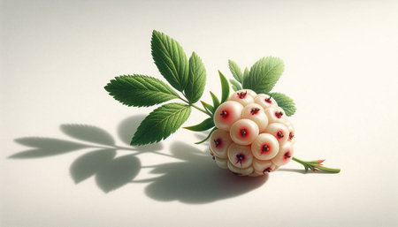 Ripe berries of wild strawberry with green leaves on a white background.の写真素材