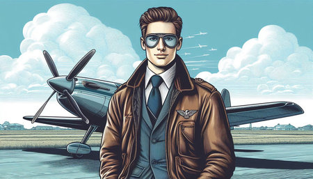Handsome young man in a leather jacket and aviator glasses standing in front of an airplane