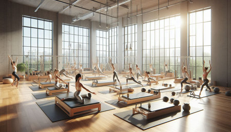 Yoga class in modern interior. 3d rendering toned image