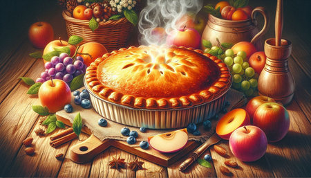 Baked pie with apples and blueberries on a wooden table.