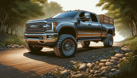 3D rendering of a brand-less generic pickup truck in a forest