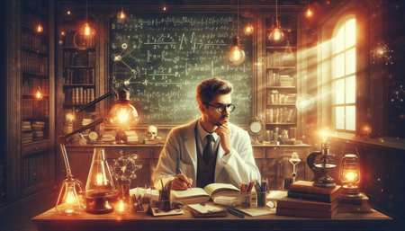 Young man scientist working in laboratory. Science and chemistry concept. Double exposure
