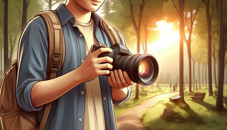 Photographer with camera in the forest, 3d render illustration.