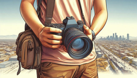 Photographer with camera on the background of the city. Digital illustration.